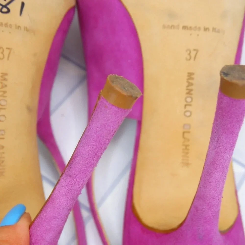 Manolo Blahnik Allura Pink Suede Slingback Pumps Pointed Toe Heels - Picture 13 of 14